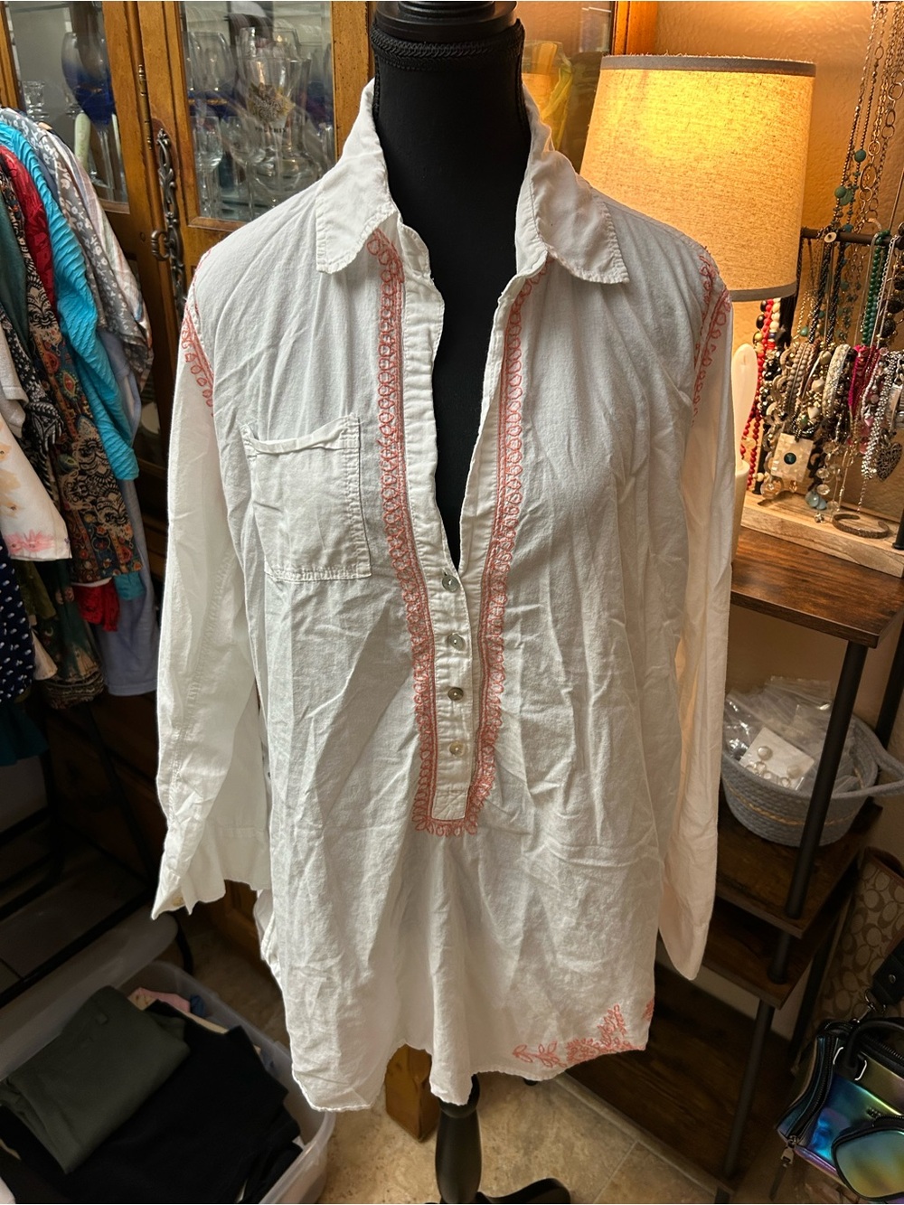 Women's White Tunic Top with Pink Embroidery